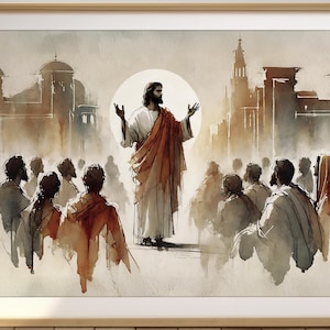 Jesus Preaching to the Crowd – Minimalist Christian Wall Art, Modern Bible Scene Digital Print