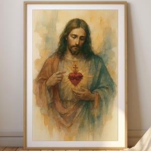 Sagrado Corazón de Jesús / Arte devocional en acuarela / Arte mural cristiano católico (descarga digital)
