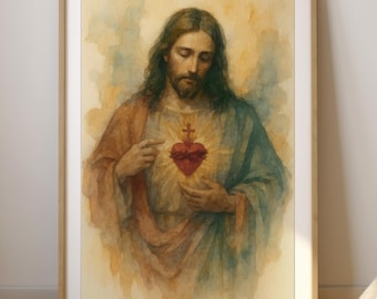 Sacred Heart of Jesus | Watercolor Devotional Art | Christian Catholic Wall Art Digital Download