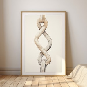 Op de afbeelding: Een aquarel schilderij van een wit touw dat in een knoop is geknoopt. Het touw is in een figuur acht vorm geknoopt en hangt aan de bovenkant van de afbeelding. De achtergrond is wit.