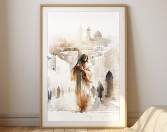 Jesus bär korset | Kristi passion i akvarell | Kristen väggkonst digital nedladdning