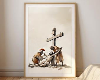 May include: A painting depicting a scene from the Bible, showing Jesus being nailed to a wooden cross. Two Roman soldiers are helping to secure him to the cross. The painting is done in a realistic style with muted colors.