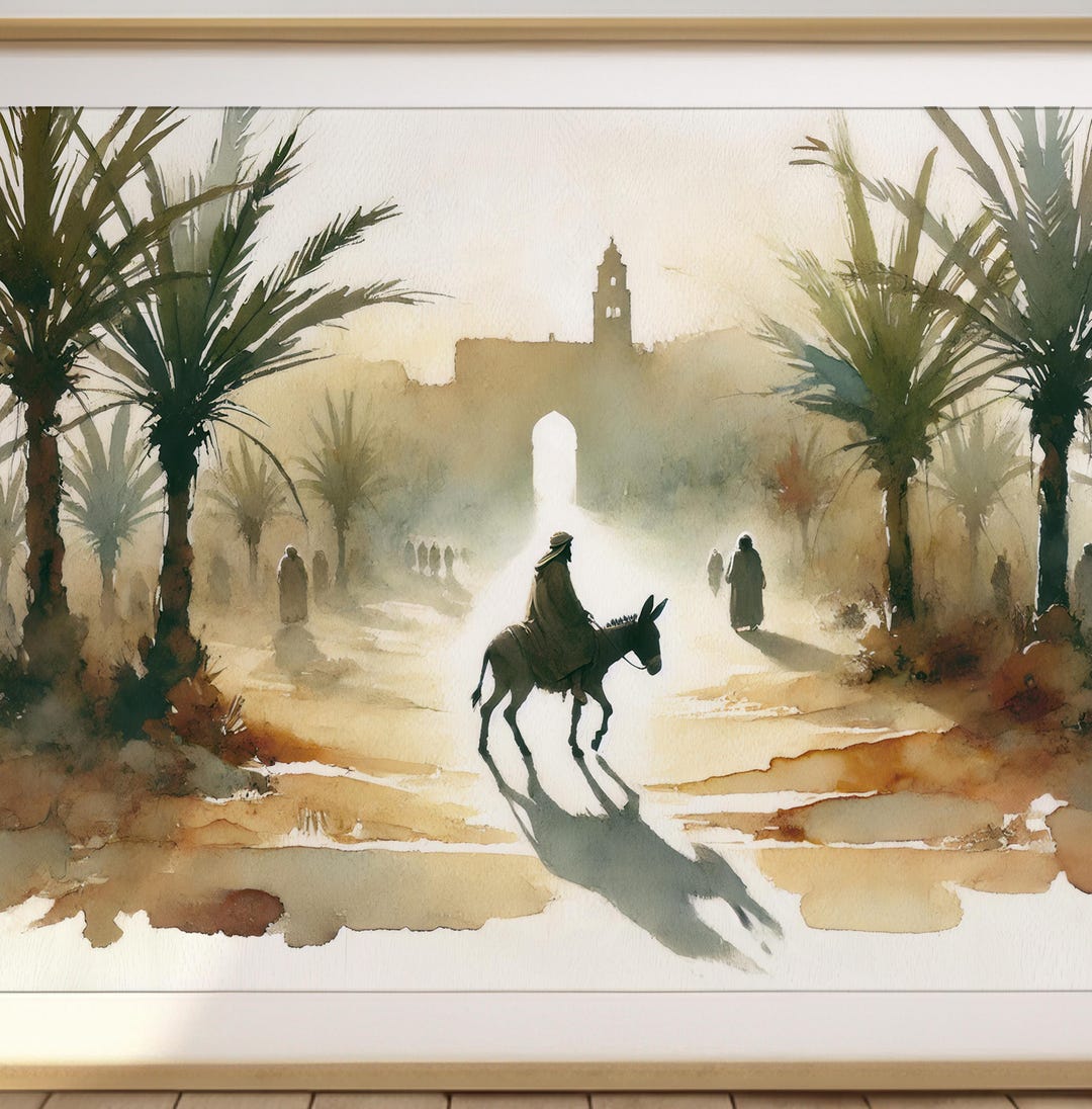 Palm Sunday Entry in Jerusalem – Jesus on Donkey Watercolor, Holy Week ...