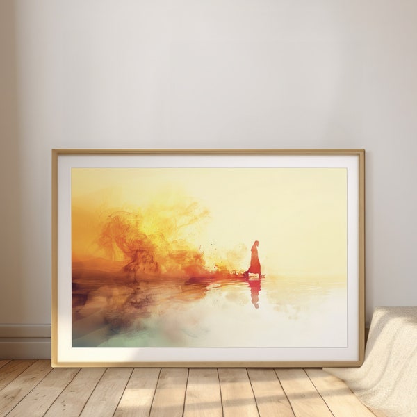 Christian Artwork: Walk on Water – Colorful Minimalist Watercolor, FaithArtCreation, Modern Religious Wall Decor, Instant Download