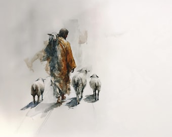 The Good Shepherd Landscape | Jesus with Sheep Watercolor | Christian Wall Art Digital Download