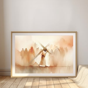 以下が含まれることがあります： 木製の十字架を担いだ男性が、人々の群れに囲まれている水彩画。絵は茶色とベージュのグラデーションで描かれており、柔らかく幻想的な雰囲気を醸し出している。