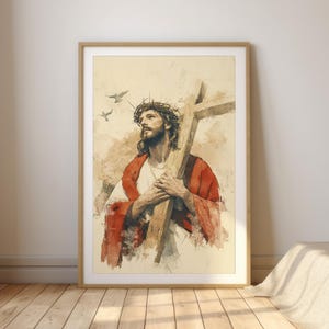 Jesus Carrying the Cross | Passion Christ Artwork | Christian Wall Art | Crown of Thorns Painting | Religious Home Decor | Printable Faith