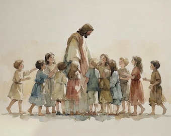 May include: Watercolor print depicting a figure surrounded by children. The central figure is robed in cream and tan, with a long beard. The children are dressed in various pastel colors, creating a warm and inviting scene. The artwork is framed in a light wood.