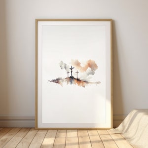 Three Crosses Passion, Digital Print, Watercolor Jesus wallart, Christmas Bible art, Minimal Modern Christian Wall Home Decor Artwork