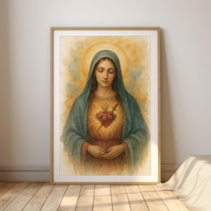 Unbeflecktes Herz Mariens Aquarell Druck - Sacred Heart of Mary Gemälde, religiöser digitaler Download, marianisches Dekor, katholische Wandkunst