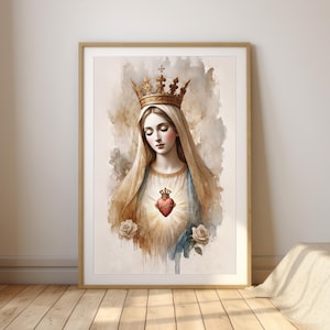 Imaculado Coração de Maria | Arte minimalista em aquarela | Decoração de parede cristã inspiradora | Arte religiosa para casa | Impressão do Coração de Jesus