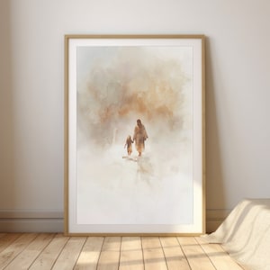 Könnte beinhalten: Ein Aquarellbild einer Person, die mit einem Kind geht, beide Figuren sind vom Betrachter abgewandt. Das Bild ist in Braun- und Weißtönen gehalten, mit einem weichen, ätherischen Hintergrund.