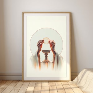 May include: A painting of a pair of hands holding a white communion wafer above a silver chalice. The hands are surrounded by a soft, white glow.