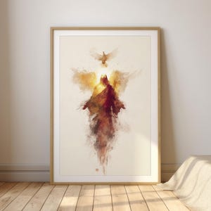 Puede incluir: Una pintura de acuarela de una persona con los brazos extendidos y una paloma volando sobre ella. La persona está rodeada de una luz dorada y el fondo es de un blanco suave.