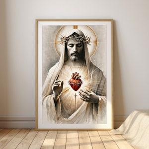 Sagrado Corazón de Cristo / Arte minimalista en acuarela / Decoración de pared cristiana inspiradora / Obra de arte religiosa para el hogar / Impresión del Corazón de Jesús