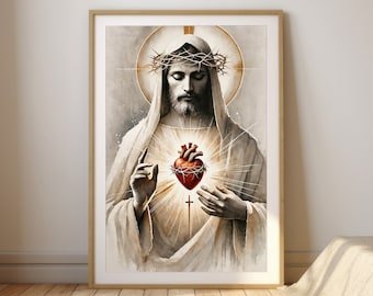 Sagrado Coração de Cristo | Arte Cristã Minimalista em Aquarela | Arte de Parede Inspiradora para Download Digital