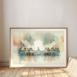 The Last Supper Landscape Blue, Digital Print, Watercolor Modern Artwork, Christian Meaningful Minimal Poster, LDS Home Decor Wall Art