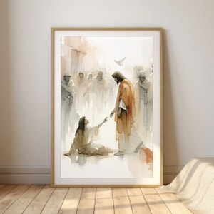 Jésus guérissant la femme | Scène biblique miraculeuse à l'aquarelle | Art mural chrétien à télécharger