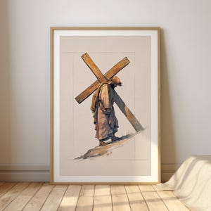 Jesus Carrying the Cross – Christian Wall Art Printable, Passion of Christ Minimalist Illustration, Faith Digital Download, Holy Week Decor