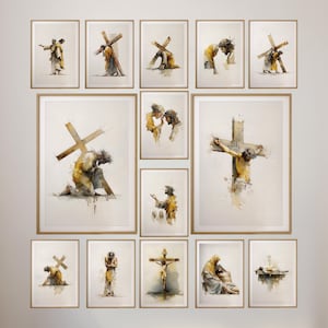 Puede incluir: Una colección de grabados artísticos en acuarela enmarcados que representan escenas de la Pasión de Cristo. La obra presenta figuras en tonos amarillos y marrones, con cruces e imágenes religiosas. Los grabados se exhiben en una pared blanca.