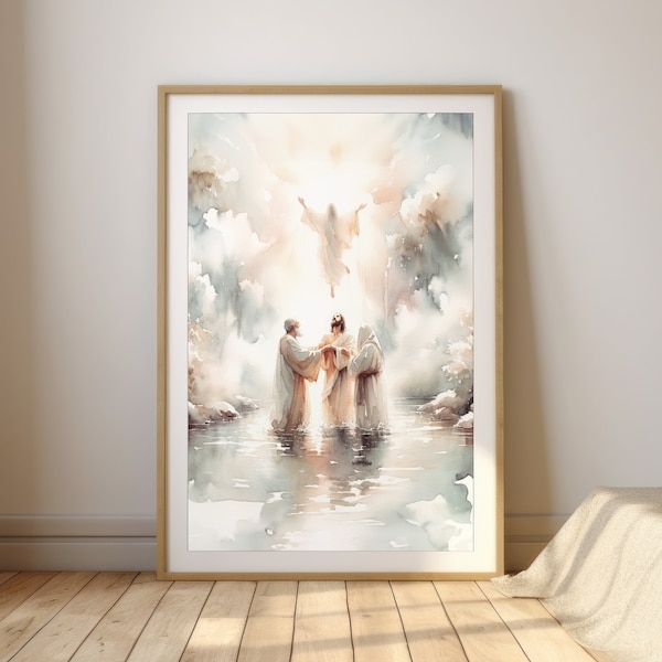 Baptême de Jésus, Impression numérique, Aquarelle Jésus wallart, Art biblique de Noël, Minimal Modern Christian Wall Home Decor Artwork