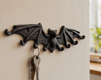 Portachiavi a forma di pipistrello in ghisa, stile gotico per Halloween, da parete, con 8 ganci, organizer rustico per l'ingresso.
