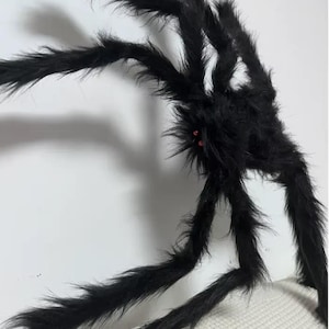 May include: A large, black, furry spider with long, slender legs and red eyes. The Halloween decoration is made of a soft, plush material and is designed to look realistic. The spider is a spooky addition to any Halloween display.