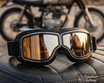 Occhiali da moto vintage unisex - Rifiniture in pelle, occhiali da equitazione retrò pieghevoli con cinturino regolabile e lenti multicolori