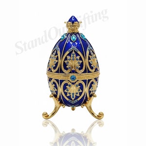 Handbemalte einzigartige Faberge EGG Schmuckbox - Blau & Goldkristall