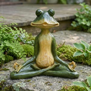 Könnte beinhalten: Eine grüne und beige Froschstatue in meditativer Pose. Der Frosch sitzt im Schneidersitz mit den Händen in einem Yoga-Mudra. Die Statue hat einen ruhigen Ausdruck und ist von Grün umgeben. Die Froschstatue ist ein dekoratives Element.