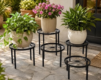 Set di 5 supporti per piante in metallo nero, porta vasi da fiori per interni ed esterni