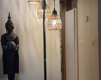 Lampada da terra Boho Rattan Tree - Paralume in lino dimmerabile, illuminazione regolabile