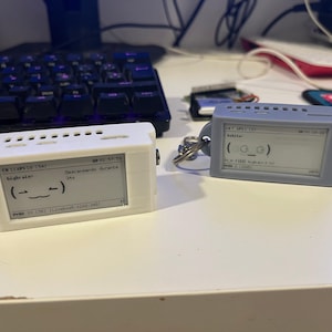 Könnte beinhalten: Zwei rechteckige elektronische Geräte mit Monochrom-Displays, eines in Weiß und eines in Grau, die jeweils ein digitales Gesichtsemoticon und Text anzeigen. Beide haben Lüftungsschlitze an der Oberseite und einen Metallschlüsselring.