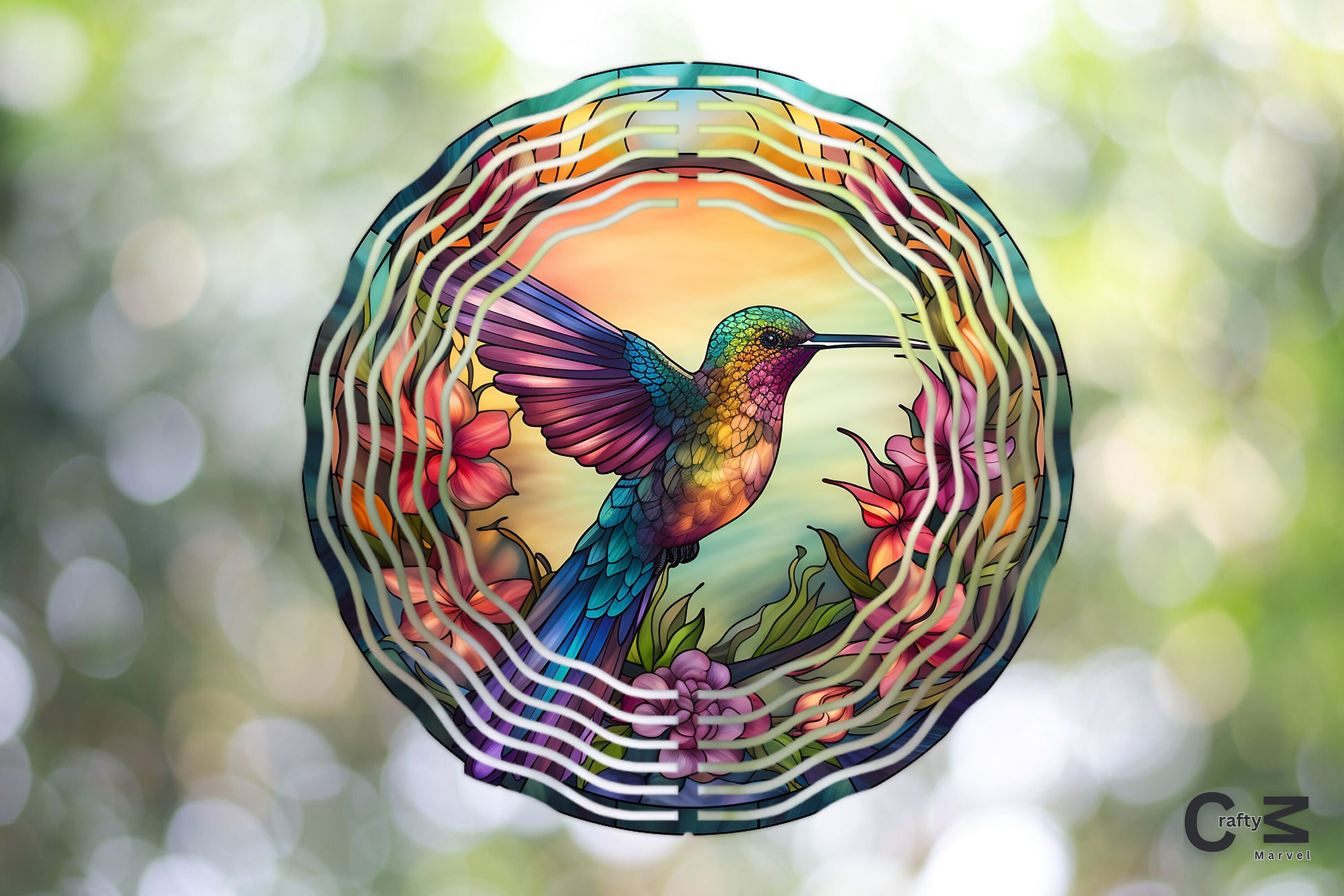 Hummingbird Wind Spinner, Round Garden Windspinner, Hanging Porch Decor
