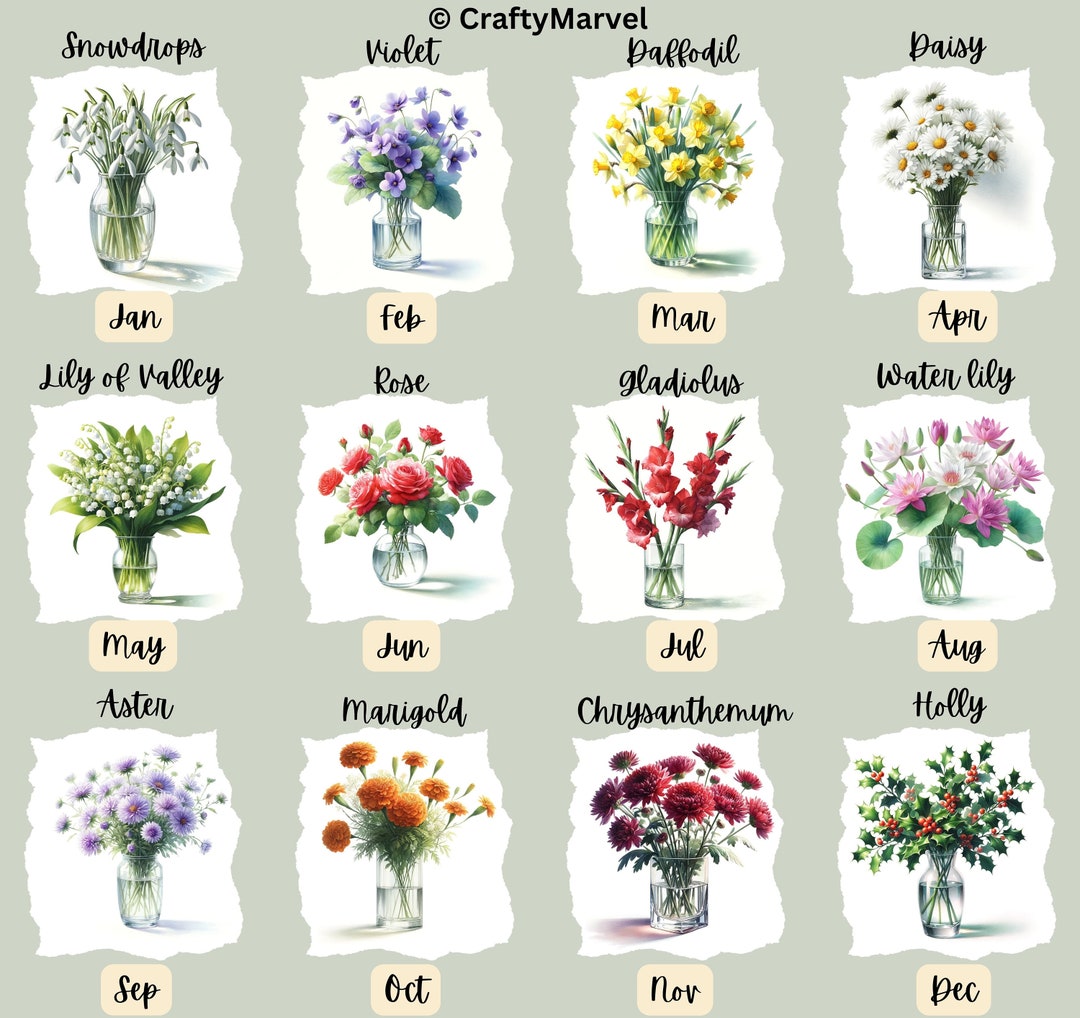 12 Birth Month Flowers Bouquet Clipart, Paper Tear PNG, Wild Flower Set, Watercolor Floral PNG