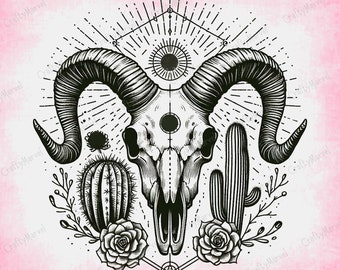 Ram Skull SVG, Western Cactus PNG, Goat Skull SVG Clipart, Vector Cut File, Transparent Png, Animal Clip Art, Sassy Svg, Digital Download