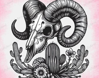 Ram Skull SVG, Western Cactus PNG, Goat Skull SVG Clipart, Vector Cut File, Transparent Png, Animal Clip Art, Sassy Svg, Digital Download