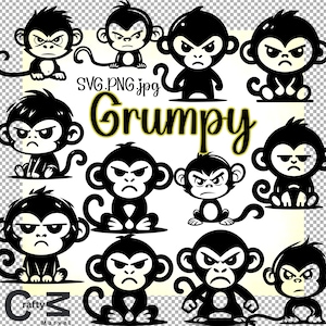 grumpy monkey printable clipart png svg high resolution drawing, transparent png no background, monkey silhouette instant download png