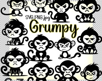 grumpy monkey printable clipart png svg high resolution drawing, transparent png no background, monkey silhouette instant download png