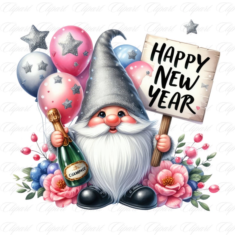 Happy New Year Gnome PNG, 2024 New Year Png, Pink Gnome Clipart, Happy