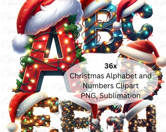 Weihnachten Alphabet Clipart 36 hochwertige PNGs, Weihnachtsbuchstaben Alphabet mit Lichtern, Weihnachtscliparts, Buchstaben und Zahlen, digitales PNG