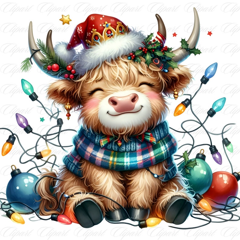 Highland Cow With Christmas Lights PNG, Baby Highland Cow Clipart