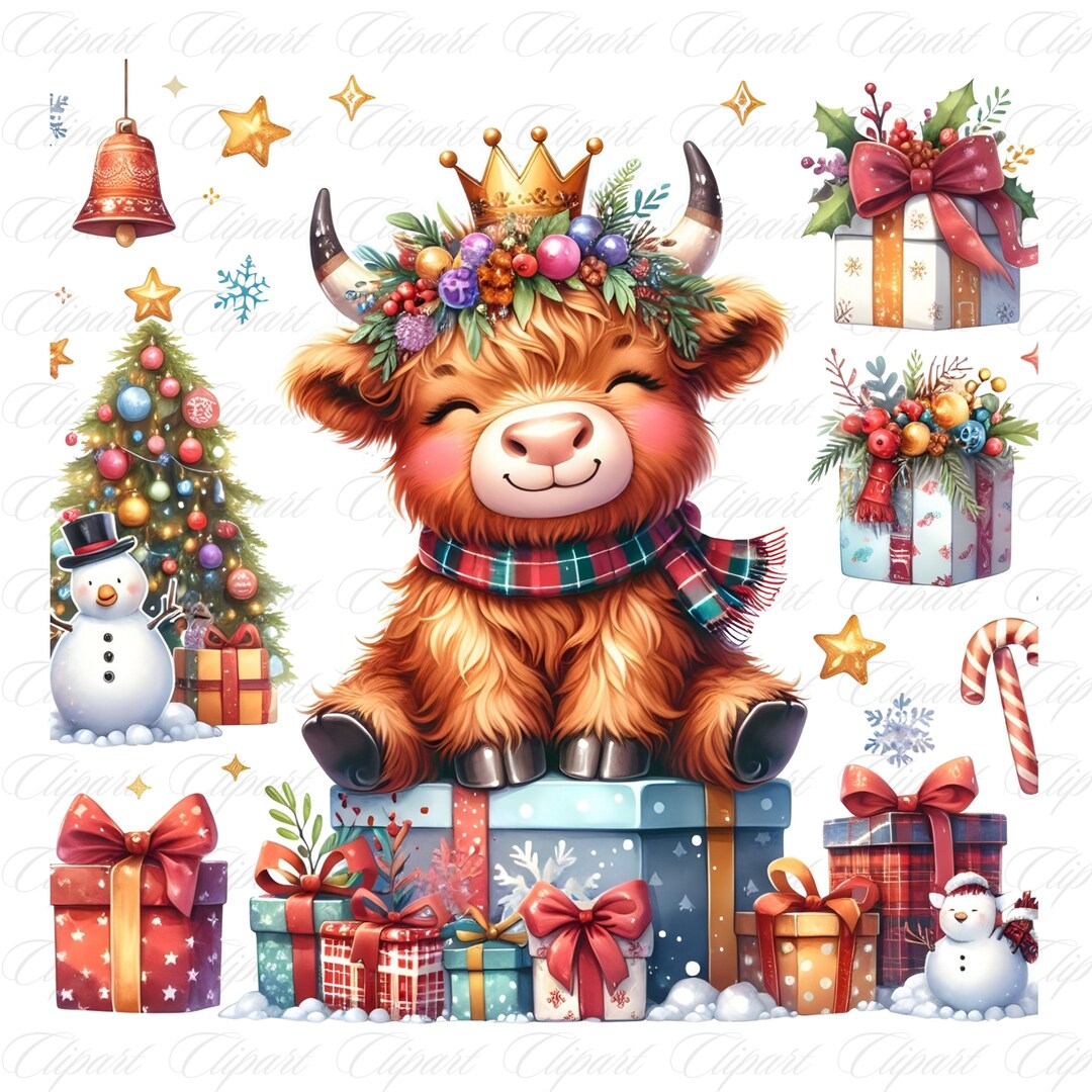 Highland Cow With Christmas Lights PNG, Baby Highland Cow Clipart