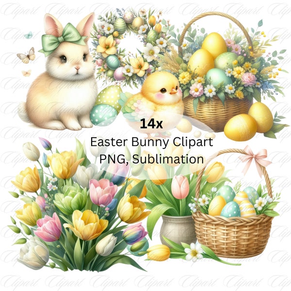 Watercolor Easter Clipart Bundle, Spring Clipart, Easter Wreath Clipart, Easter Bunny, Easter Egg, Easter Basket PNG, Tulip Clipart, Digital