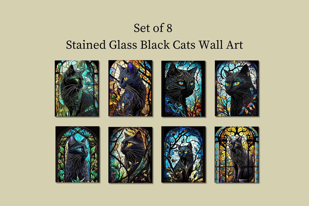 Set of 8 Wall Art Print, Printable Cat Wall Art, Stained Glass Black ...