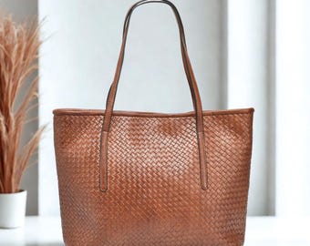 Handmade Woven Leather Tote Bag, Cognac Shoulder Purse, Michigan Crafted Design