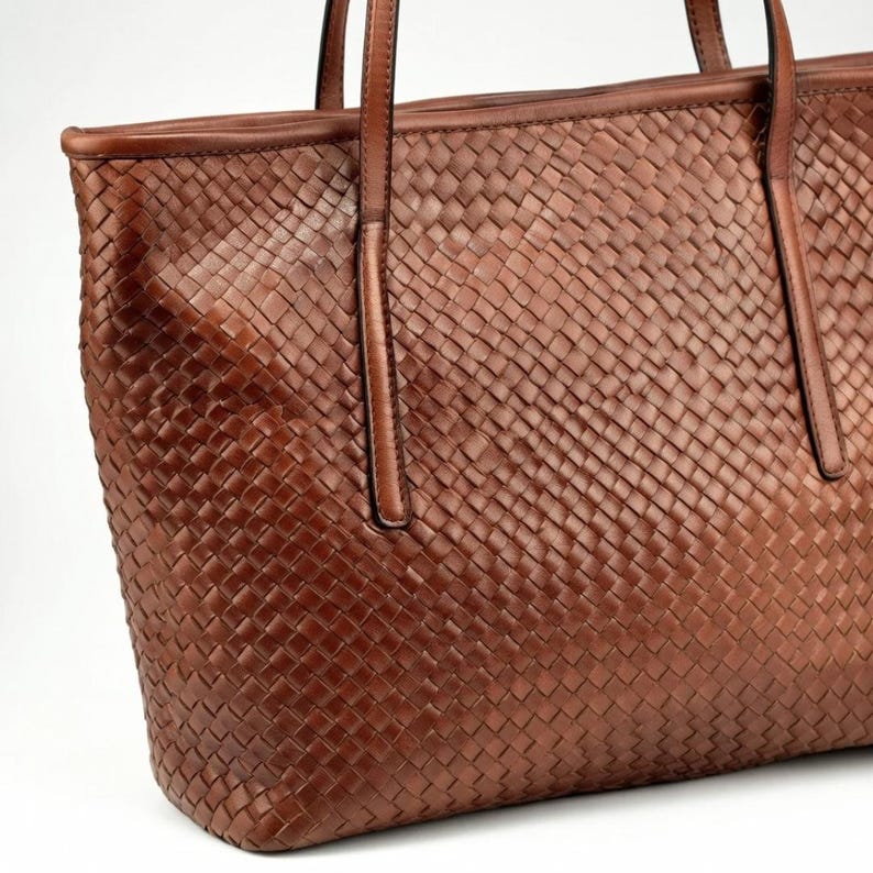 Handmade Woven Leather Tote Bag, Cognac Shoulder Purse, Michigan Crafted Design imagem 9