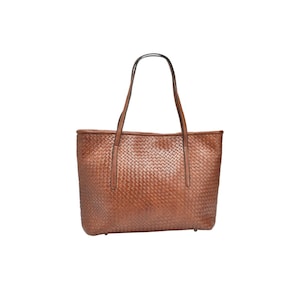 Handmade Woven Leather Tote Bag, Cognac Shoulder Purse, Michigan Crafted Design imagem 5