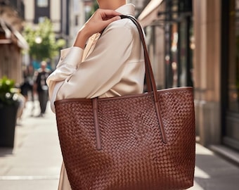 Handmade Woven Leather Tote Bag, Cognac Shoulder Purse, Michigan Crafted Design
