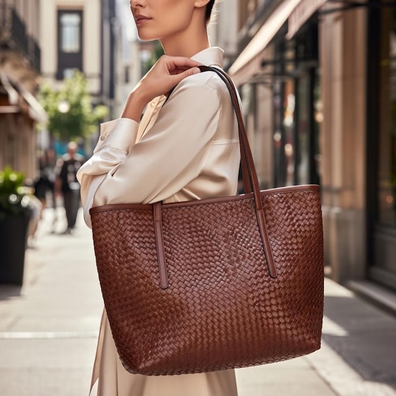 Handmade Woven Leather Tote Bag, Cognac Shoulder Purse, Michigan Crafted Design